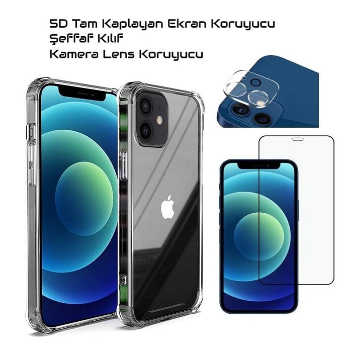 Apple iPhone 12 Mini Ekran Koruyucu + Şeffaf Kılıf + Kamera Koruyucu